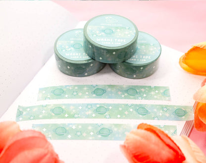 🌌 Green Galaxy Silver Foil Washi Tape