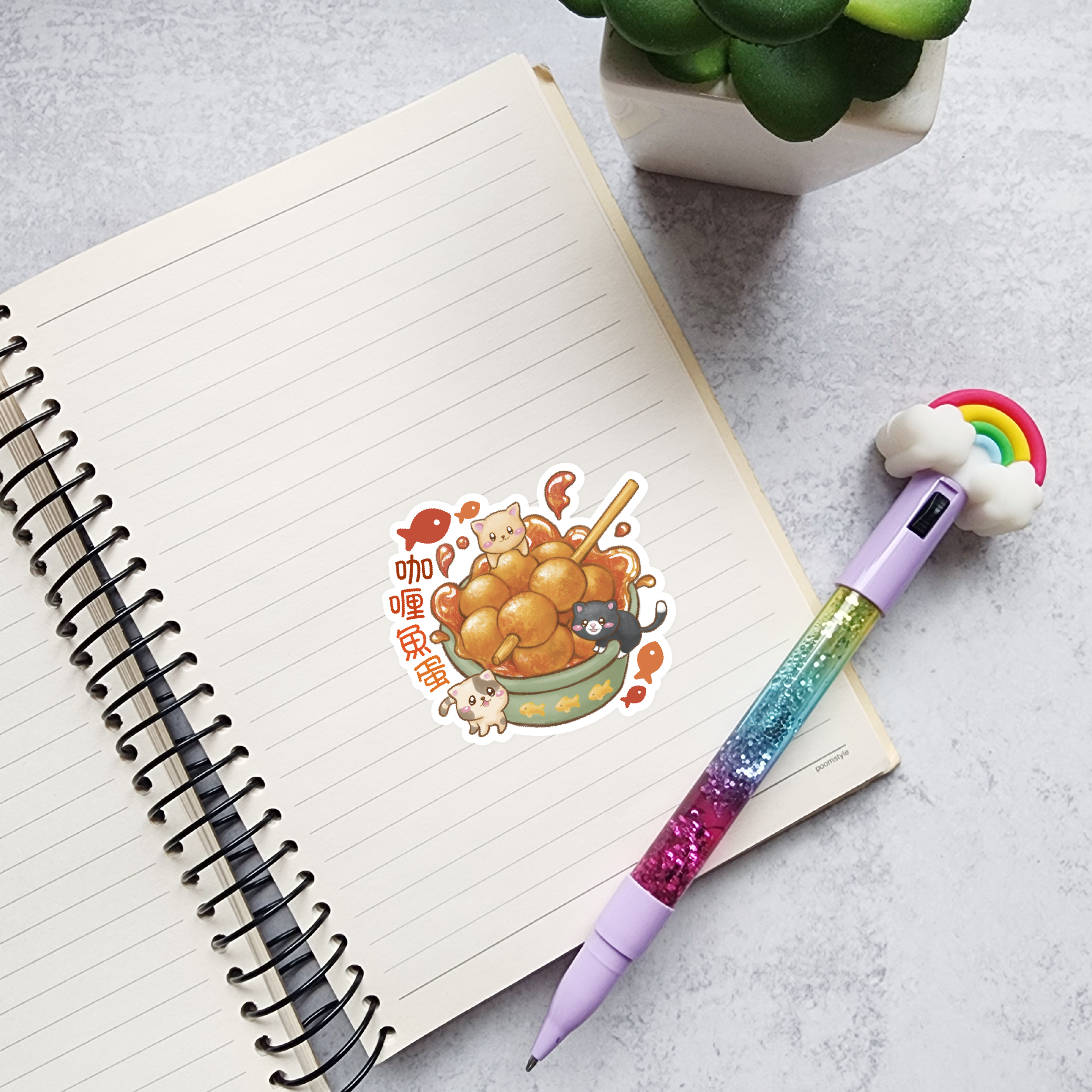 Curry Fish Balls Kitty Vinyl Sticker | Asian Street food-thumbmail-2