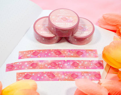 ✨ Pink Galaxy Silver Foil Washi Tape – Shine Bright in Pastel Skies!