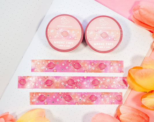 ✨ Pink Galaxy Silver Foil Washi Tape – Shine Bright in Pastel Skies!