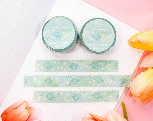 🌌 Green Galaxy Silver Foil Washi Tape