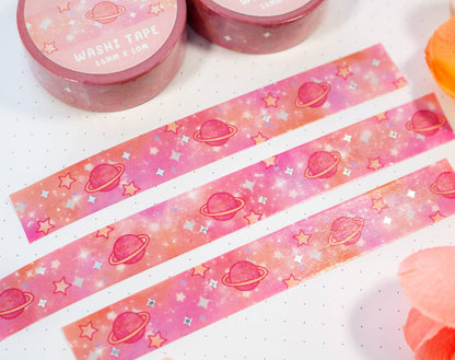 ✨ Pink Galaxy Silver Foil Washi Tape – Shine Bright in Pastel Skies!